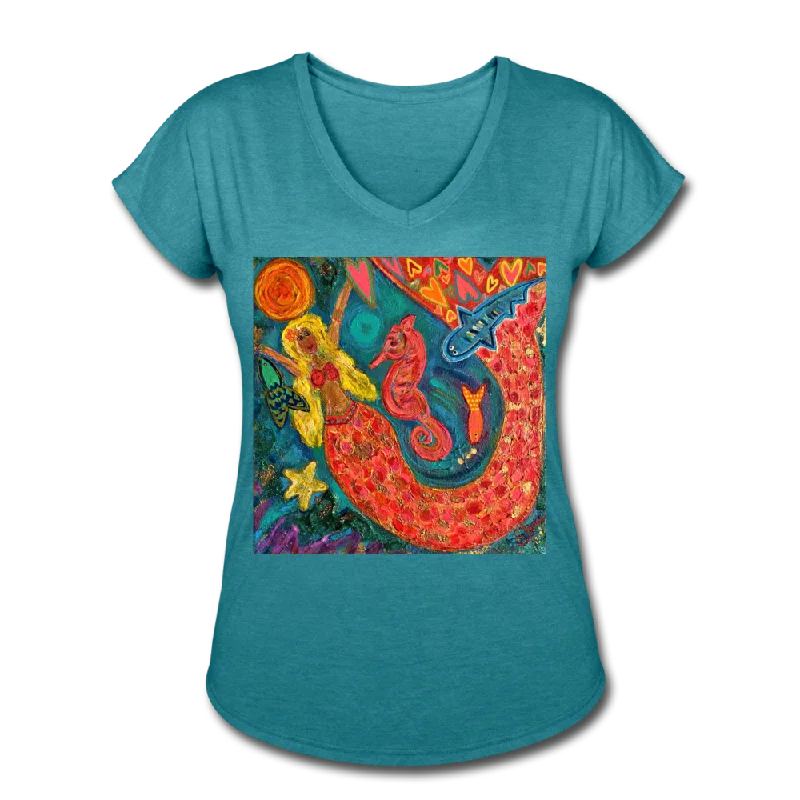 Women's Tri-Blend V-Neck T-Shirt Solid Print Embellished