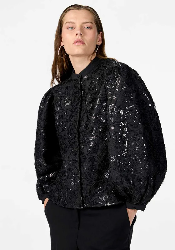 Y.A.S Rosy Sequin Balloon Sleeve Shirt, Black Hooded Caped Shawl Collar