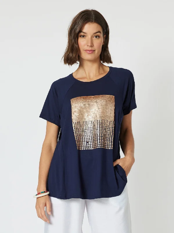 Sequin Patch T-shirt - Navy/Bronze Welt Pockets Slit Pockets Flap Pockets