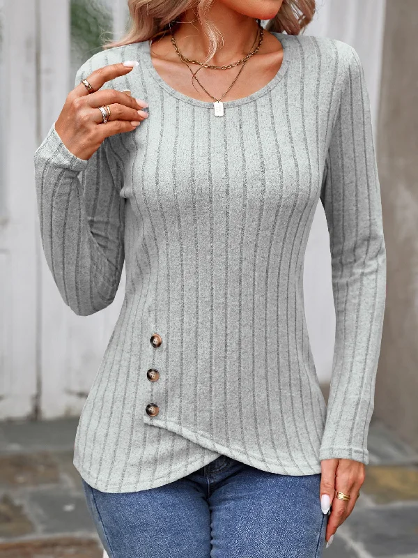 Decorative Button Round Neck Long Sleeve T-Shirt Seamless Knitted Crochet