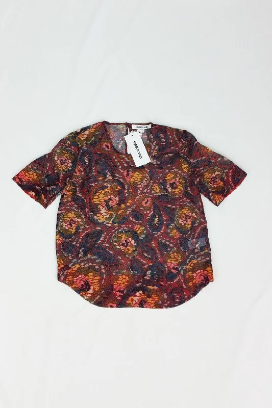 ELIZABETH & JAMES Piper Red Floral Print T-Shirt Top (UK 8) Spandex Blend Rayon Blend Denim Blend