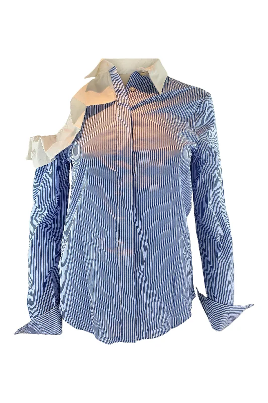 PINKO White Collar Blue Stripes Off Shoulder Shirt (UK 8) Chenille Blend Fleece Blend Nylon Blend