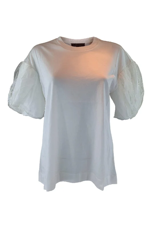 SIMONE ROCHA White Cotton Jersey T-Shirt With Tulle Layer Puff Sleeves (M) Sequined Glittery Shiny