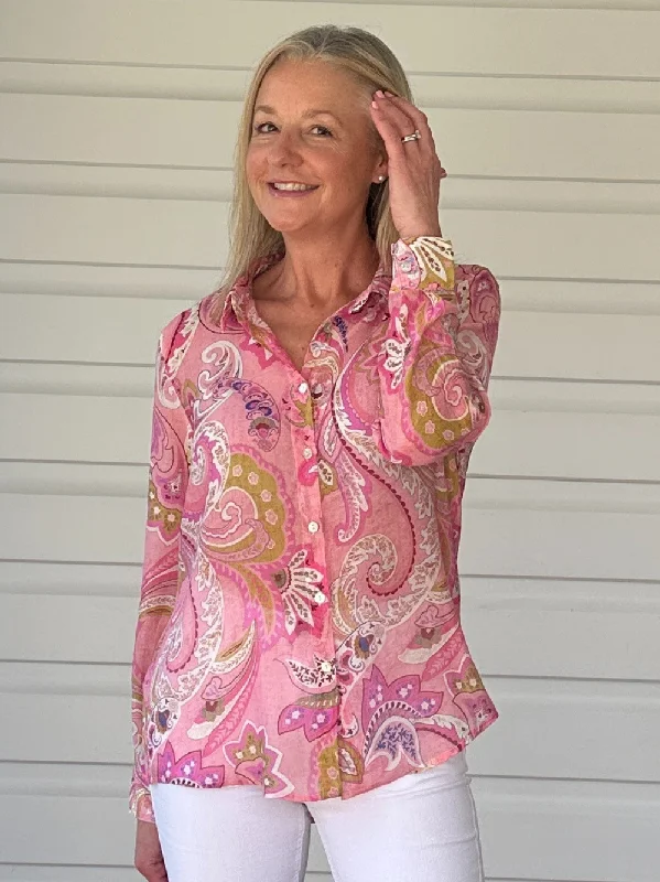 Terrigal Printed Shirt - Pink Graphic Embroidered Appliqued