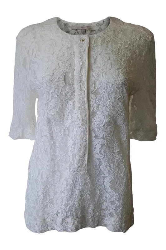 VICTORIA BECKHAM White Cotton Blend Lace Sheer Shirt (4) Hooded Caped Shawl Collar