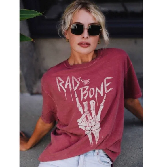 Vintage Mauve Brick Rad to the Bone Rock Skeleton Graphic Tee T-Shirt Casual Chenille Brocade Lace