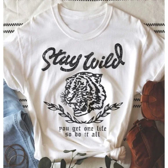 White Stay Wild One Life Tiger Graphic Unisex Tee Casual T-Shirt Womens Elasticated Padded Insulated