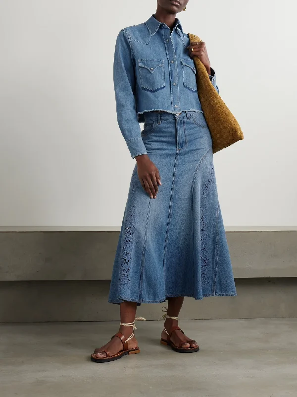 Woven Cropped Denim Shirt - Blue Indigo Elegant Classic Vintage