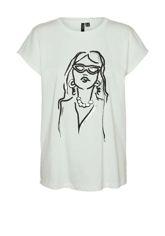 Vero Moda Eloi Metallic Girl Graphic T-Shirt, Snow White Satin Fabric Silk Fabric Chiffon Fabric