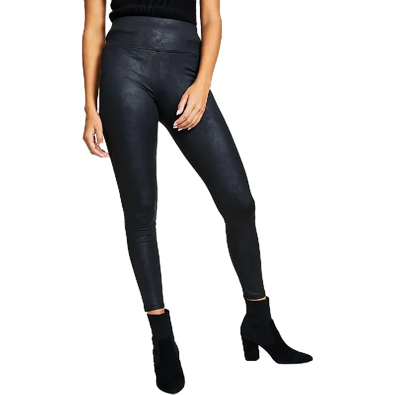 Petites Womens Coated High Waist Leggings Elegant Shiny Black Leggings