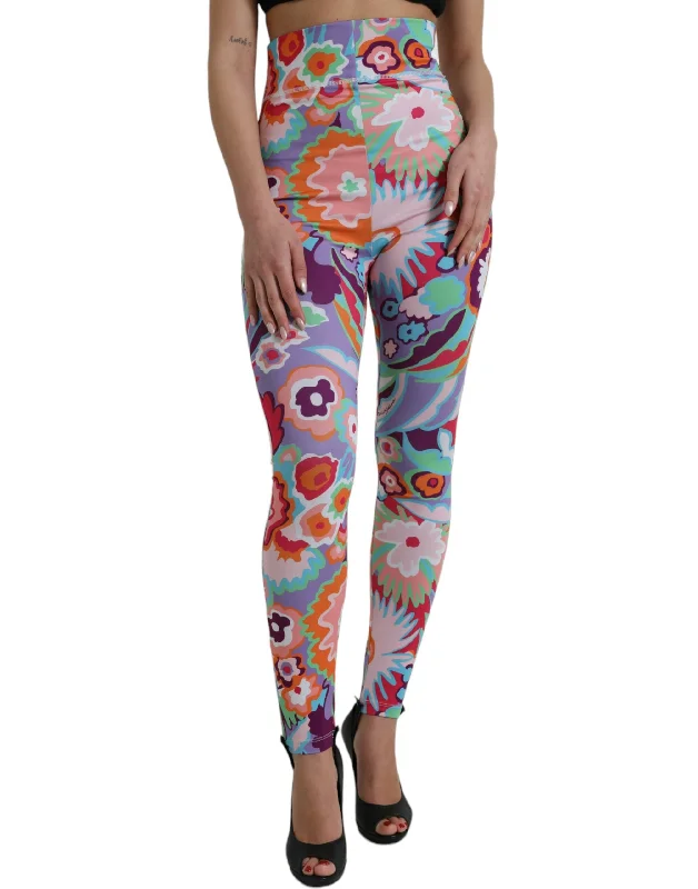 Dolce & Gabbana Enchanting Floral Print High-Waist Leggings Elegant Velvet Leggings