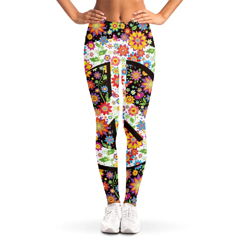 Hippie Flower Peace Sign Print Women's Leggings Fashionable Printed Legging Pants