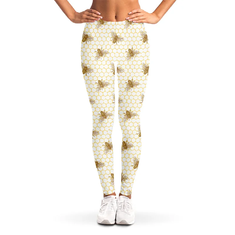 Honey Bee Hive Pattern Print Women's Leggings Comfortable Capri-Length Leggings