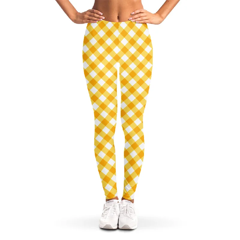 Honey Yellow And White Gingham Print Women's Leggings Fashionable Seamless Leggings