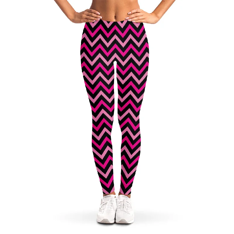 Hot Pink And Black Chevron Pattern Print Women's Leggings Elegant Velvet Leggings