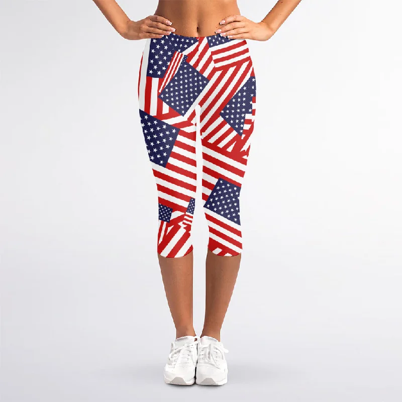 Independence Day USA Flag Pattern Print Women's Capri Leggings Trendy Foil Finish Leggings