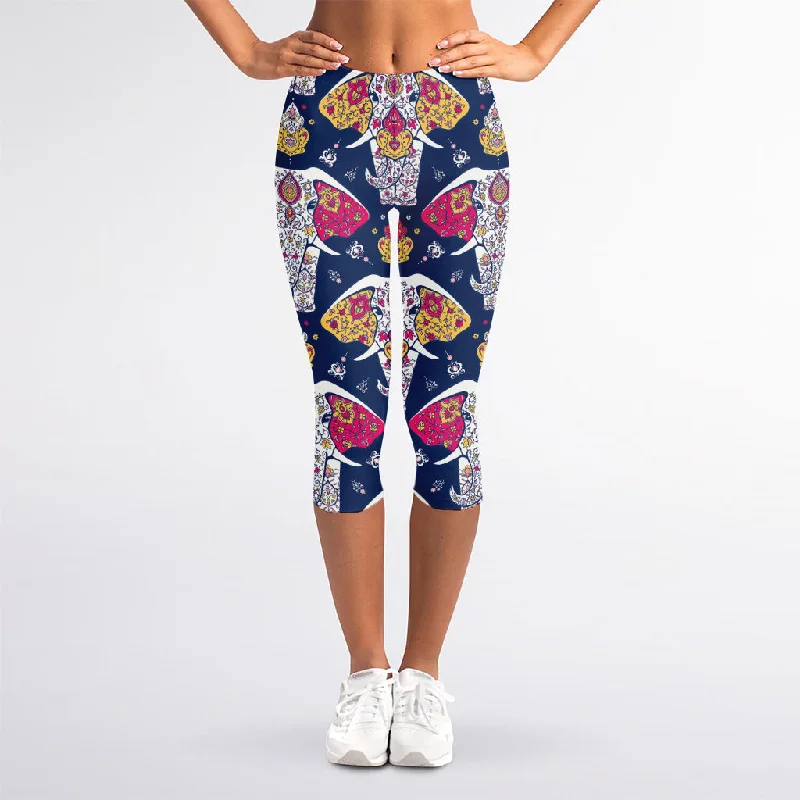 Indian Floral Elephant Pattern Print Women's Capri Leggings Elegant Satin Finish Leggings