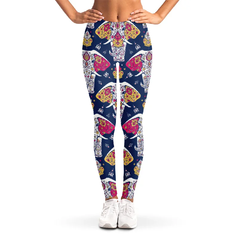 Indian Floral Elephant Pattern Print Women's Leggings Fashionable Solid Color Tights