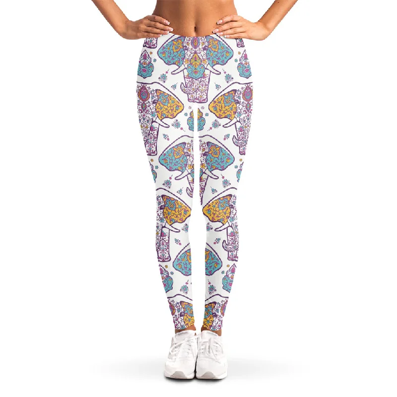 Indian Flower Elephant Pattern Print Women's Leggings Trendy High-Waist Tummy Control Leggings