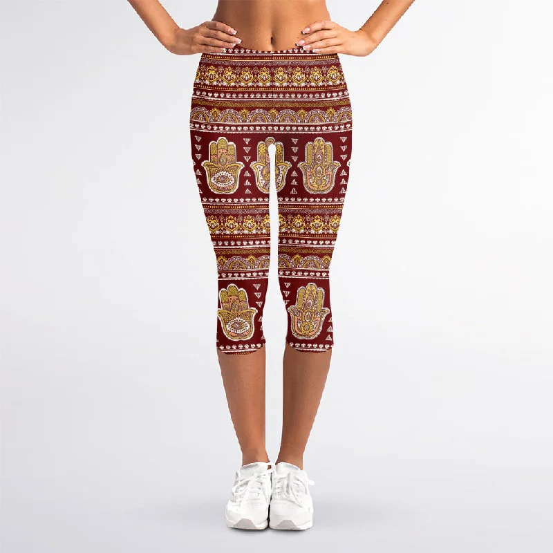 Indian Hamsa Hand Print Women's Capri Leggings Comfortable Lounge Leggings