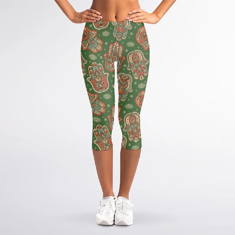 Indian Hamsa Pattern Print Women's Capri Leggings Stylish Stretch-Waist Leggings