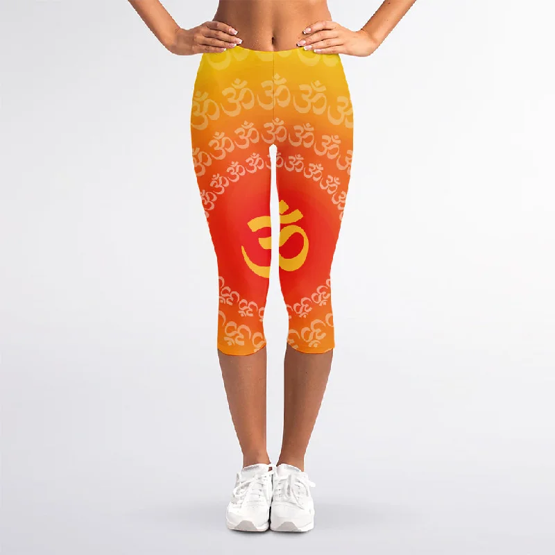 Indian Om Sign Print Women's Capri Leggings Trendy Mesh Leggings