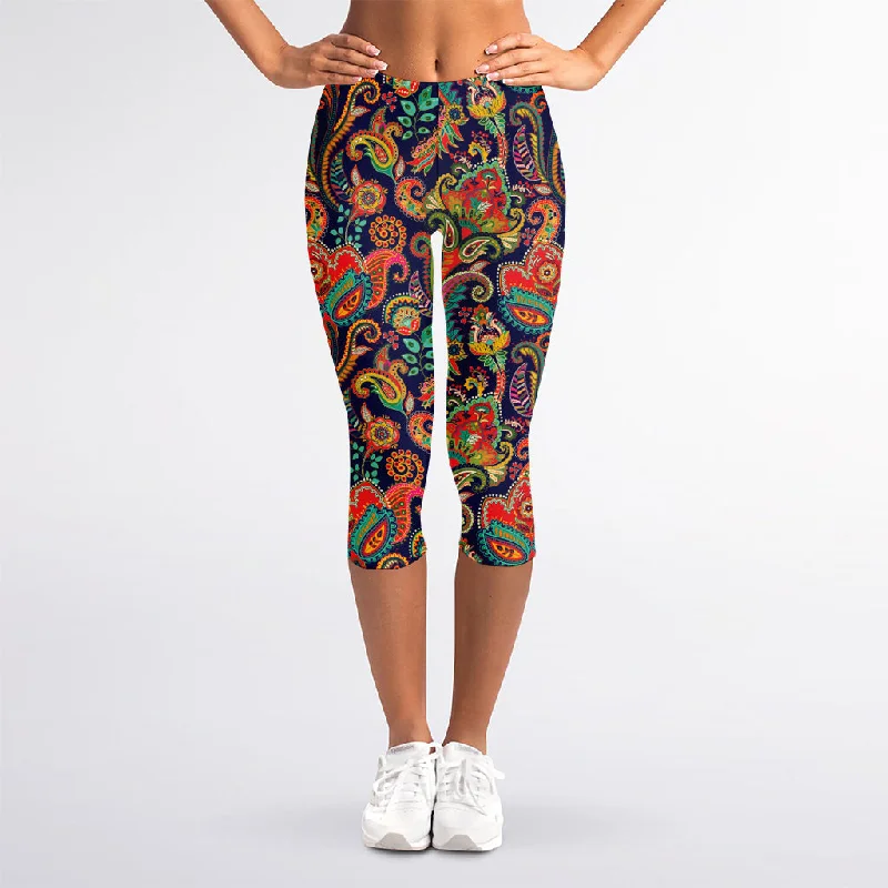 Indian Paisley Pattern Print Women's Capri Leggings Stylish Printed Stretch Leggings