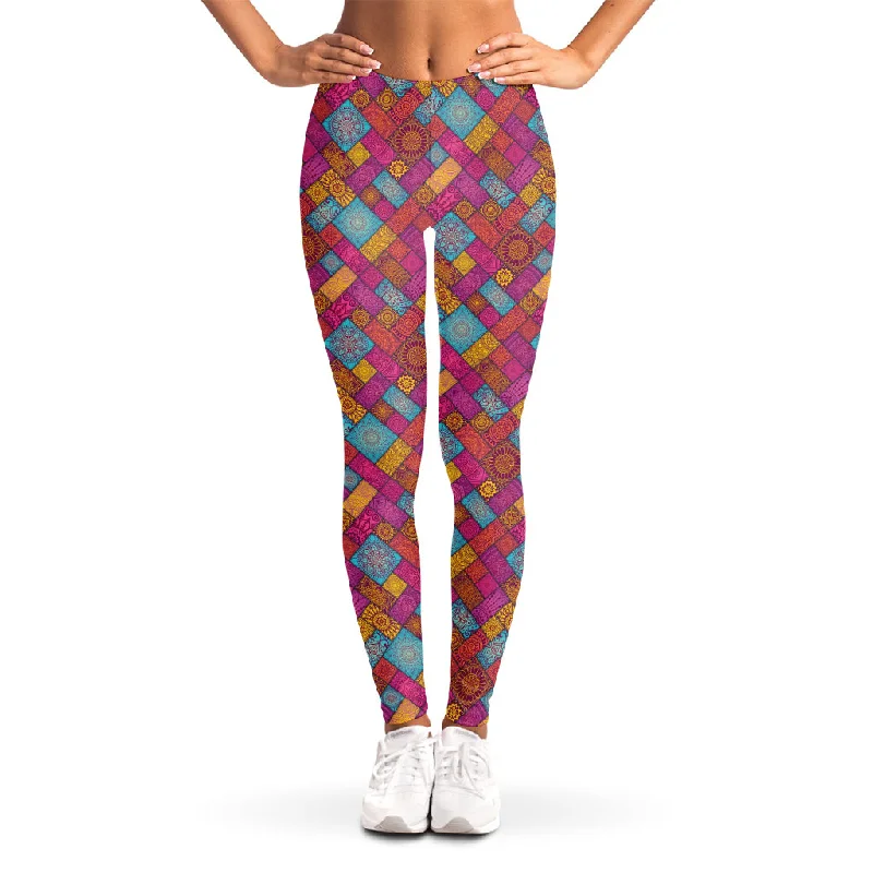 Indian Patchwork Pattern Print Women's Leggings Comfortable Power Mesh Leggings