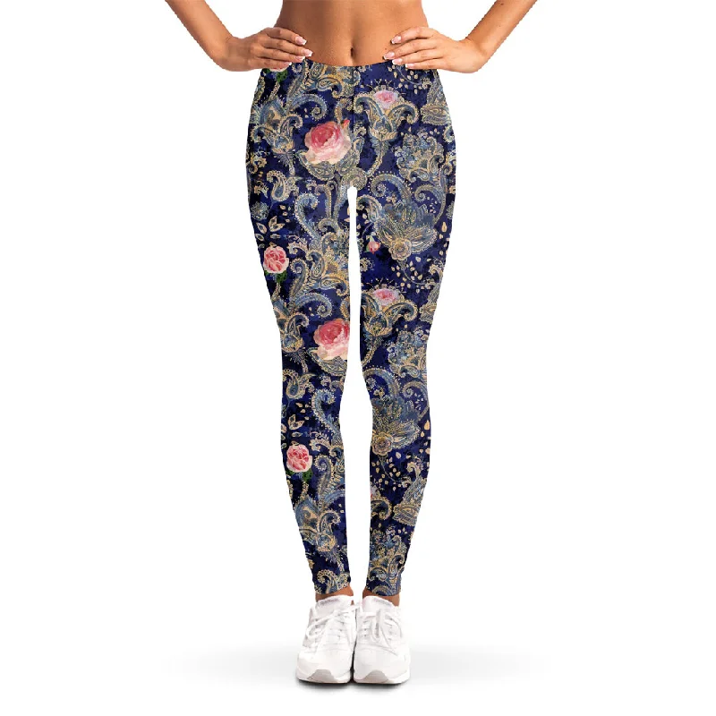 Indian Rose Paisley Pattern Print Women's Leggings Stylish Pockets Active Leggings