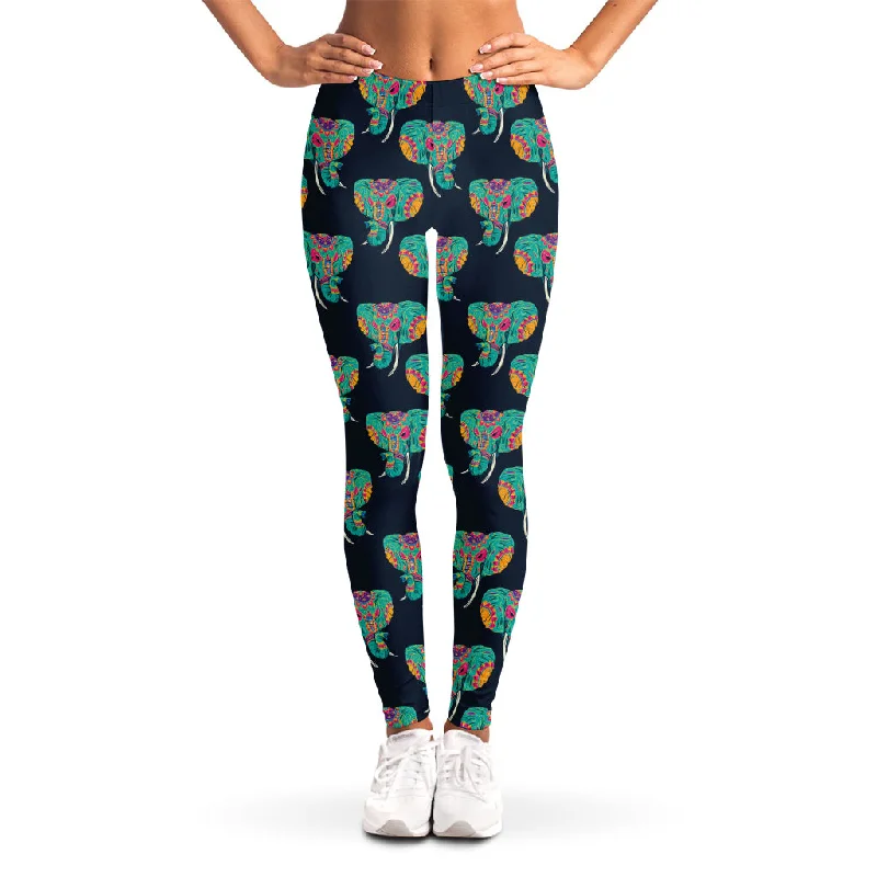 Indian Tribal Elephant Pattern Print Women's Leggings Elegant Shiny Black Leggings