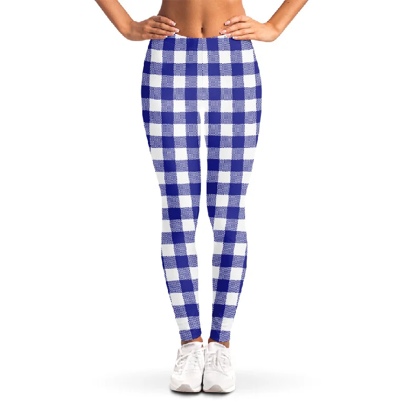 Indigo Blue And White Gingham Print Women's Leggings Casual Black Leggings