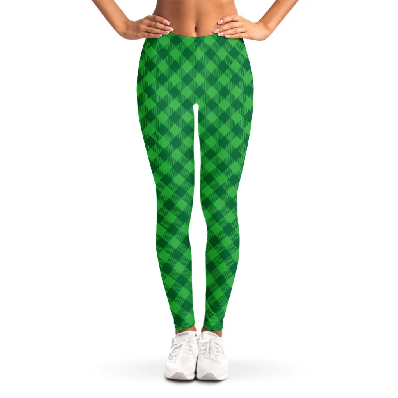 Irish Green Buffalo Plaid Print Women's Leggings Elegant Metallic Leggings