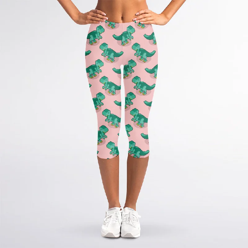 Isometric Tyrannosaurus Pattern Print Women's Capri Leggings Fashionable Floral Active Leggings