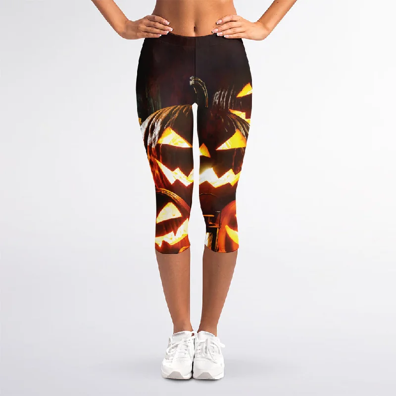 Jack-O'-Lantern Halloween Pumpkin Print Women's Capri Leggings Fashionable Printed Legging Pants