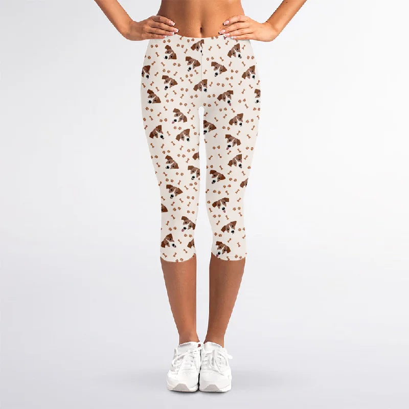 Jack Russell Terrier And Bone Print Women's Capri Leggings Trendy Foil Finish Leggings