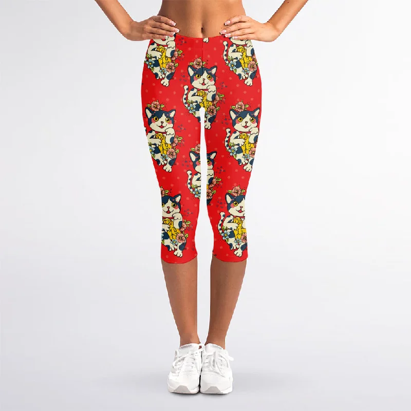 Japanese Cat Maneki Neko Pattern Print Women's Capri Leggings Trendy Side-Pocket Leggings