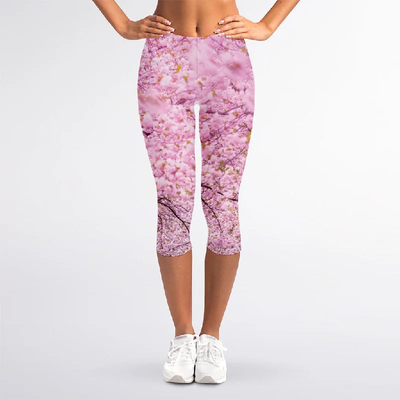 Japanese Cherry Blossom Tree Print Women's Capri Leggings Stylish Faux Leather Leggings