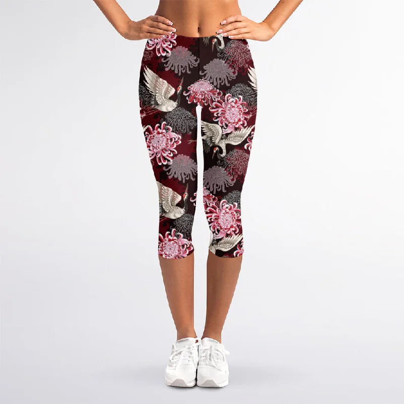 Japanese Cranes And Chrysanthemums Print Women's Capri Leggings Trendy Tie-Dye Leggings