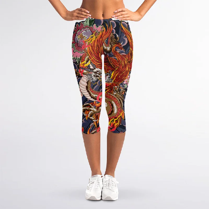 Japanese Dragon And Phoenix Tattoo Print Women's Capri Leggings Cozy Ribbed Leggings