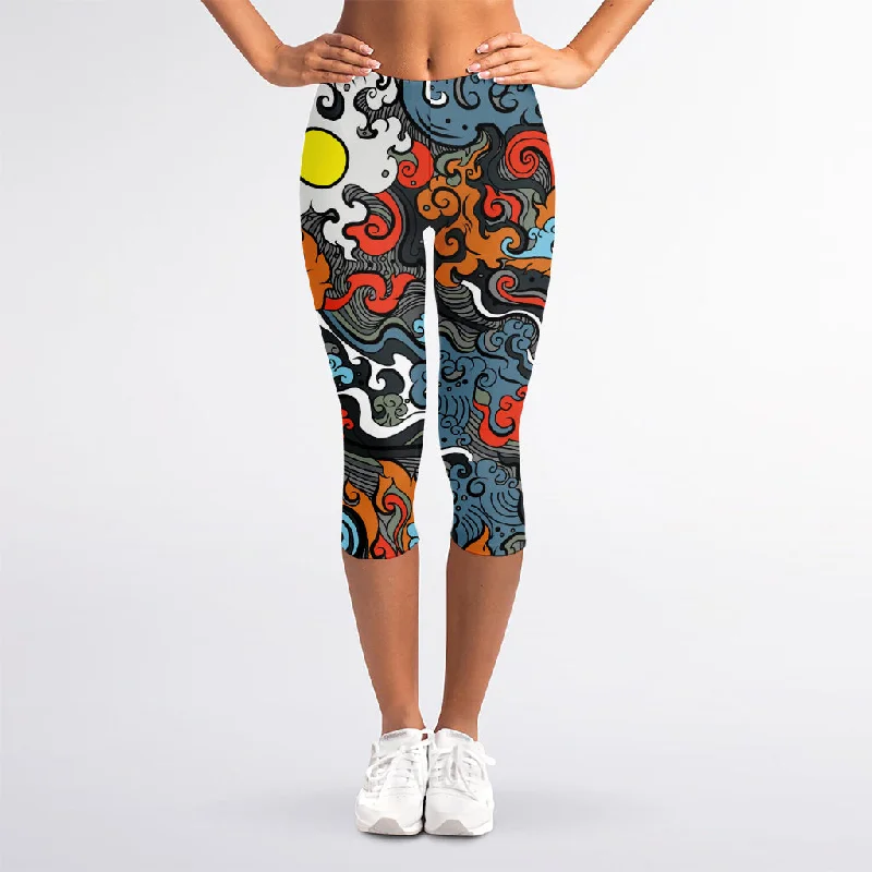 Japanese Elemental Tattoo Print Women's Capri Leggings Comfortable Workout Fitness Leggings