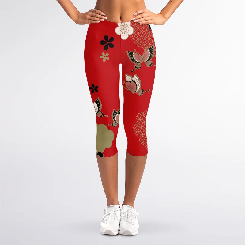 Japanese Flower Print Women's Capri Leggings Fashionable Leather-Look Leggings