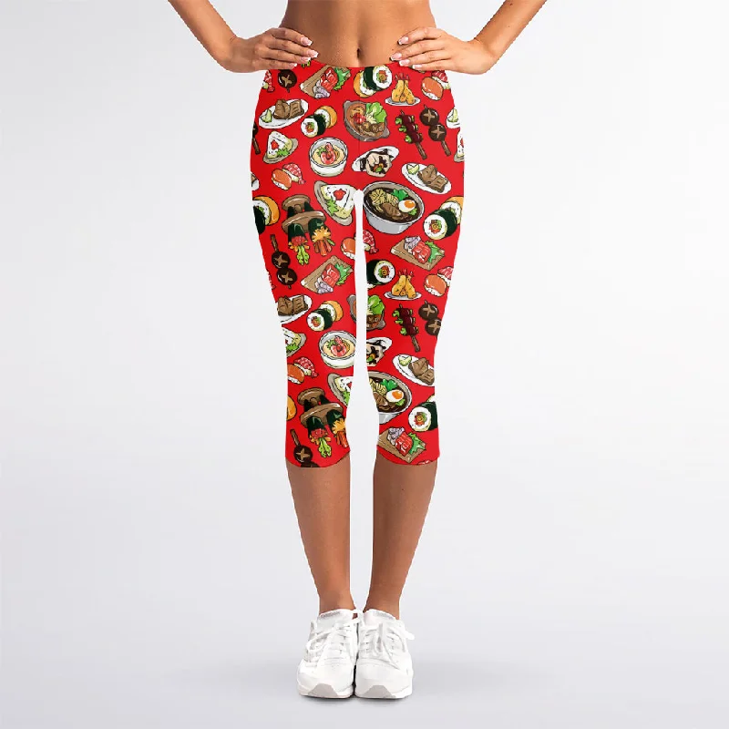 Japanese Food Pattern Print Women's Capri Leggings Trendy Activewear Leggings