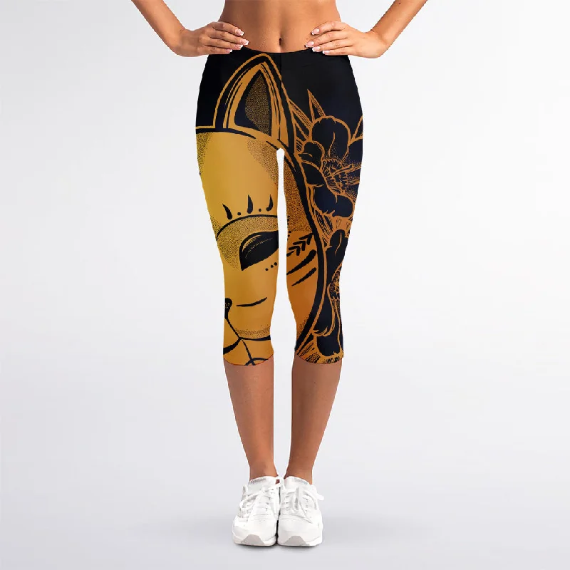 Japanese Fox Mask Print Women's Capri Leggings Stylish Ankle-Length Leggings