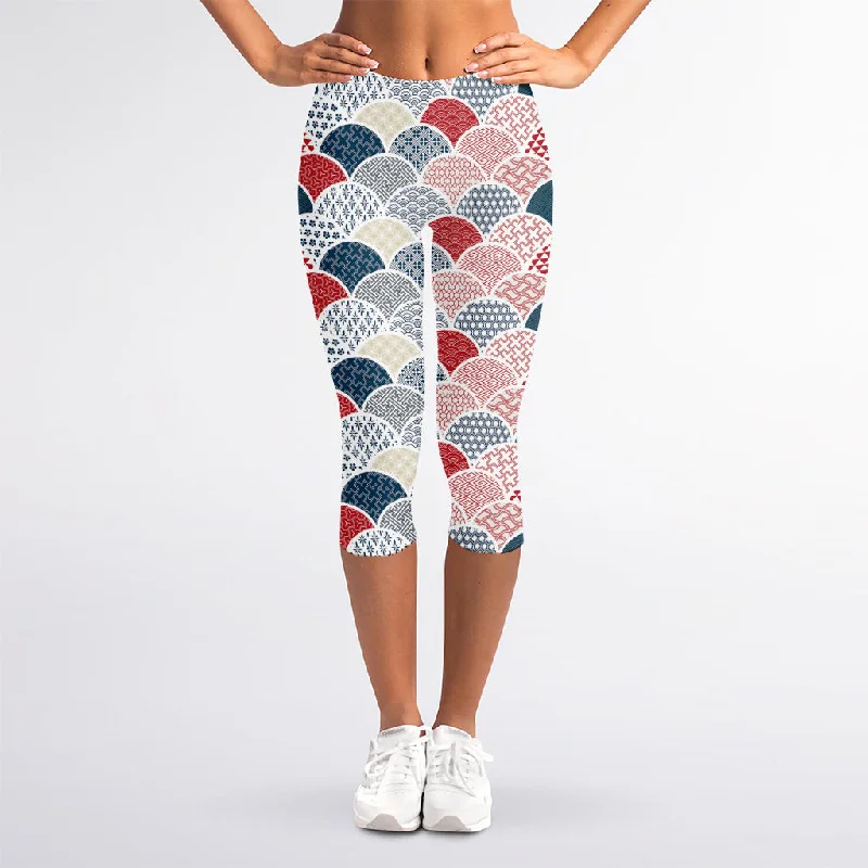 Japanese Geometric Pattern Print Women's Capri Leggings Casual Sporty Leggings