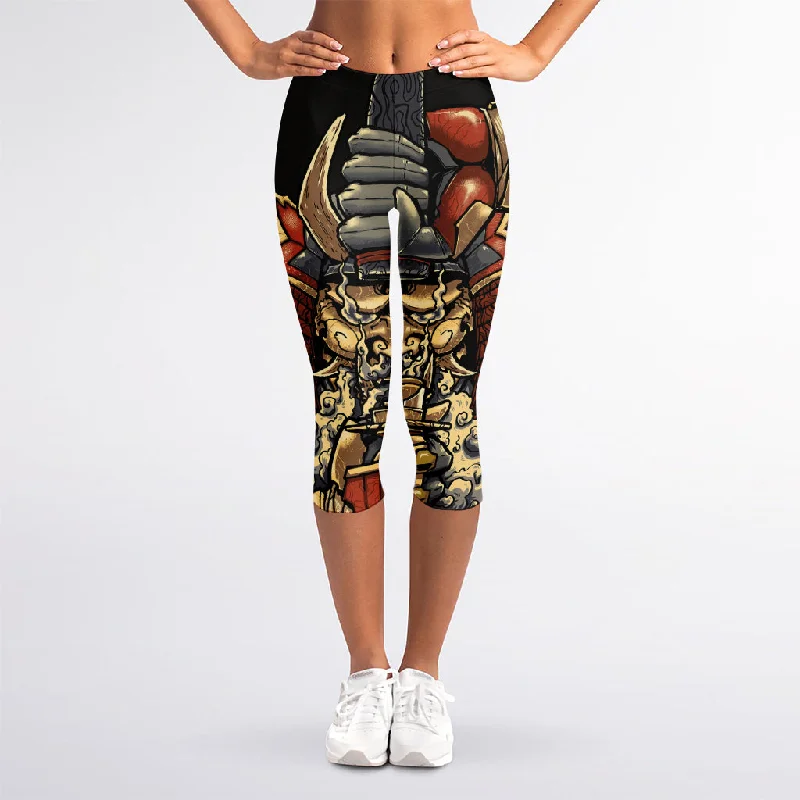 Japanese Ghost Samurai Print Women's Capri Leggings Stylish Yoga Leggings