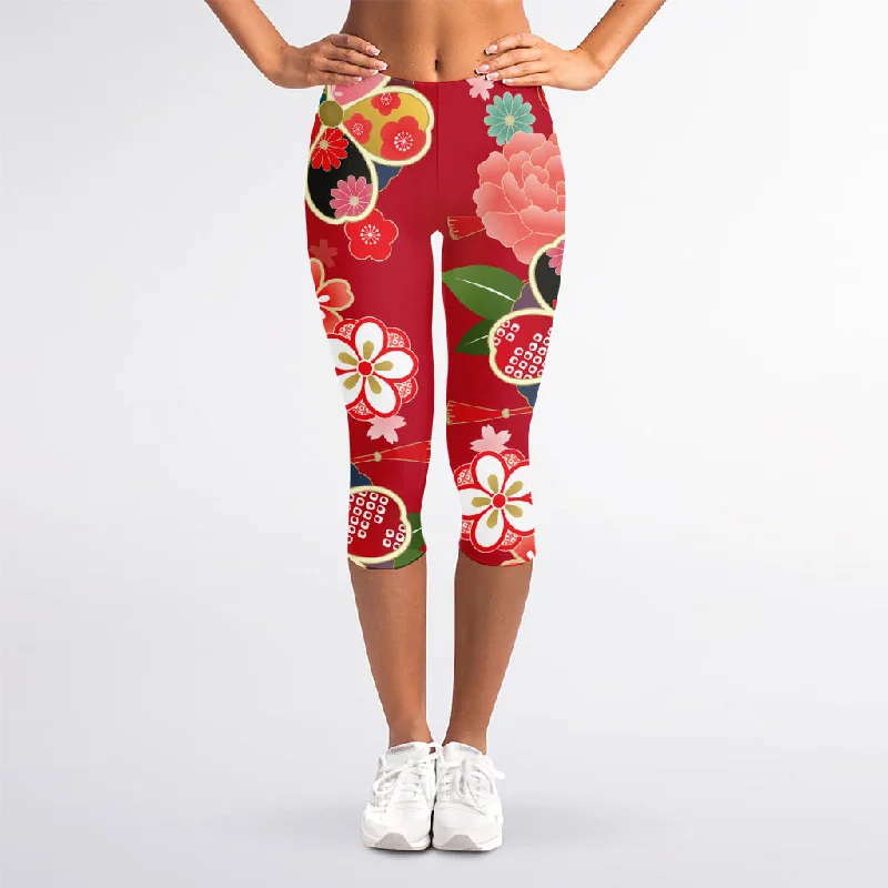 Japanese Kimono Pattern Print Women's Capri Leggings Comfortable Stretch Leggings