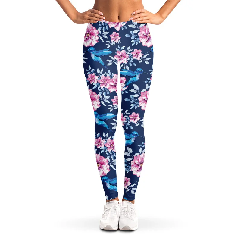 Pink Flowers And Hummingbird Print Women's Leggings Fashionable Ribbed Knit Leggings