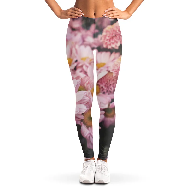 Pink Flowers Print Women's Leggings Elegant Sheer Leggings