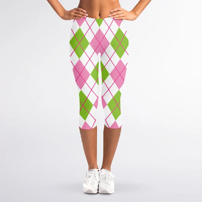 Pink Green And White Argyle Print Women's Capri Leggings Fashionable Fitted Workout Leggings