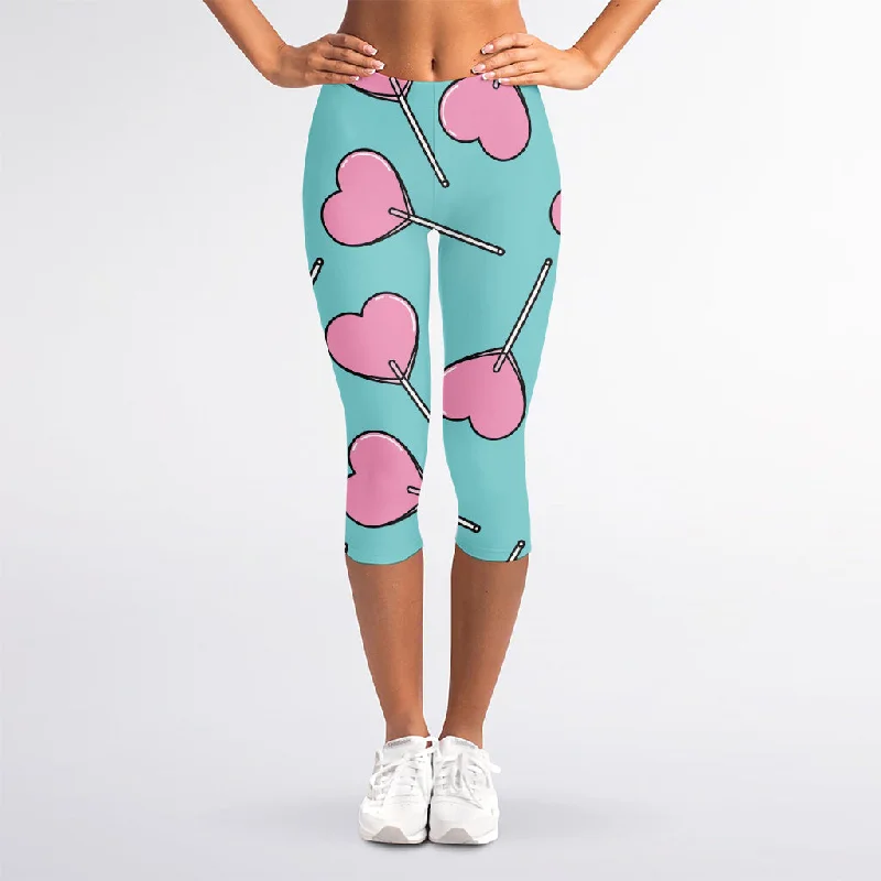 Pink Heart Lollipop Pattern Print Women's Capri Leggings Fashionable Embroidered Detail Leggings